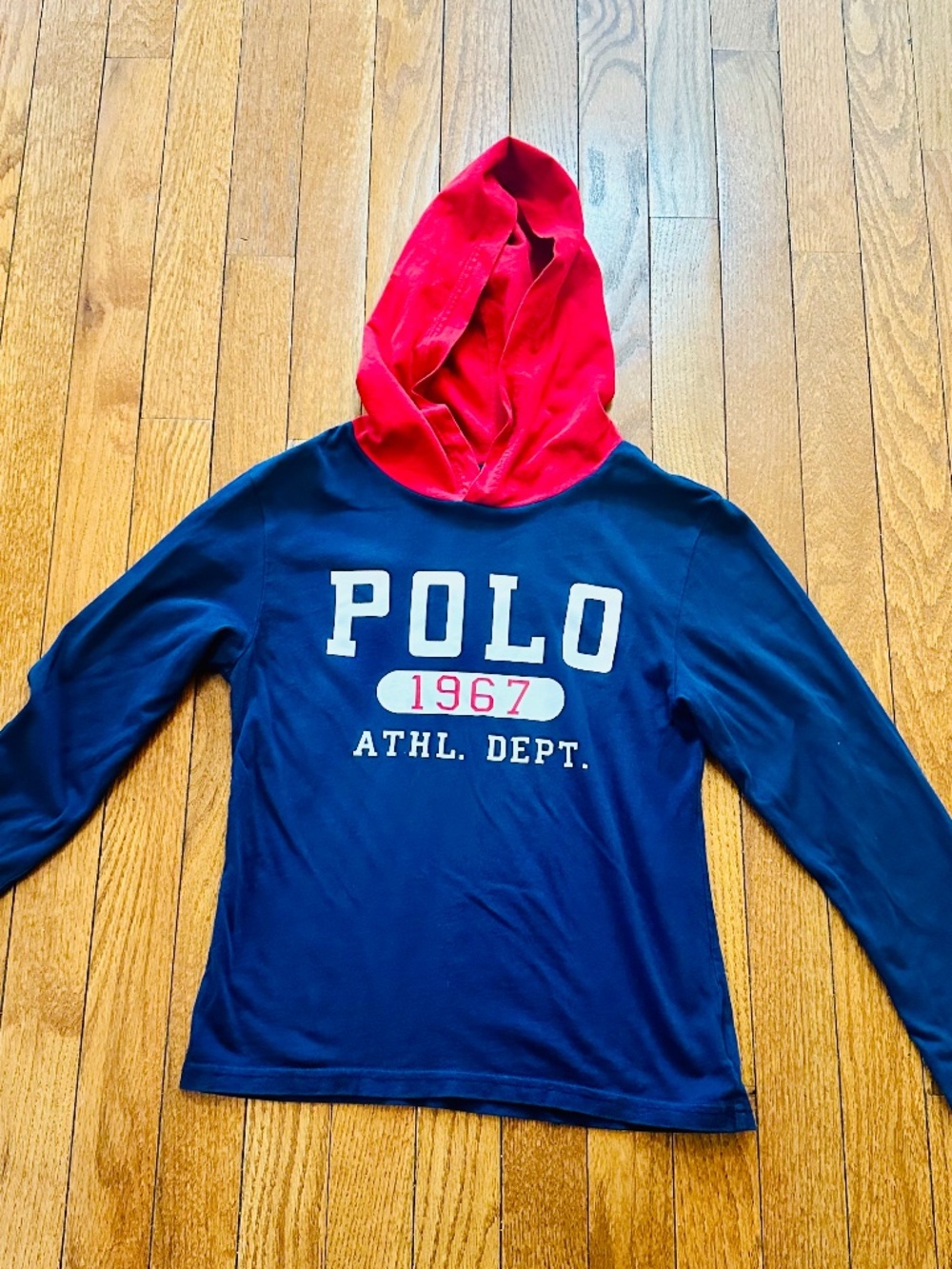 Boys Polo Ralph Lauren Hoodie Long Sleeve Shirt – Navy/Red Hooded Polo – Size 8